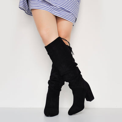 Black Suede Round Toe Chunky Heels Boots