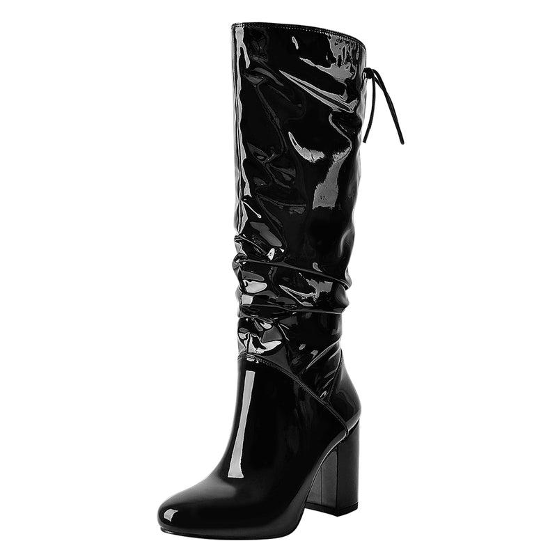Black Patent Leather Chunky Heels Boots