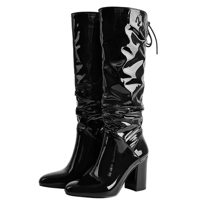 Black Patent Leather Chunky Heels Boots