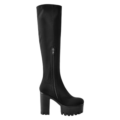 Black Platform Knee Chunky Heels Boots
