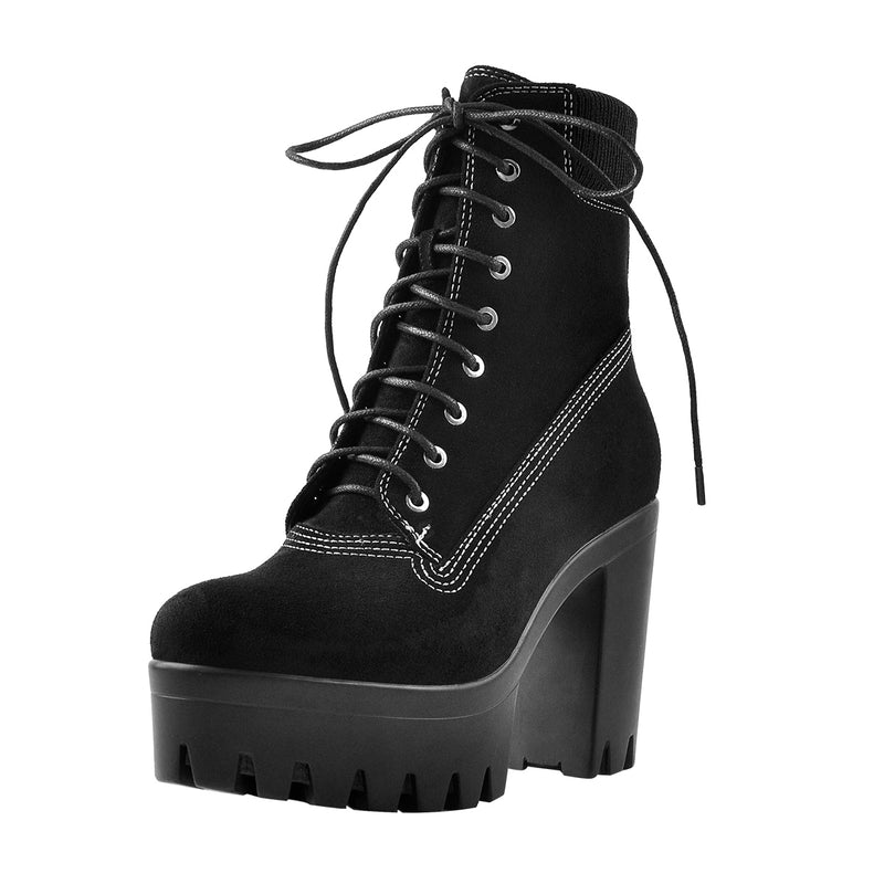 Platform Lace Up Elastic Chunky Heel Ankle Boots