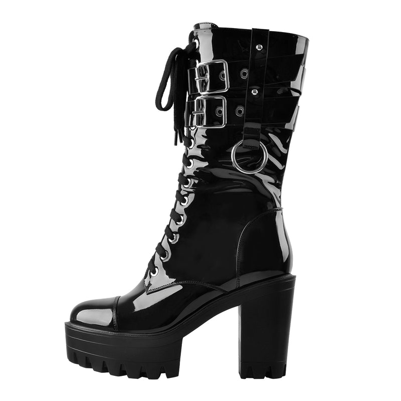 Black Platform Mid Calf Chunky High Heels Boots