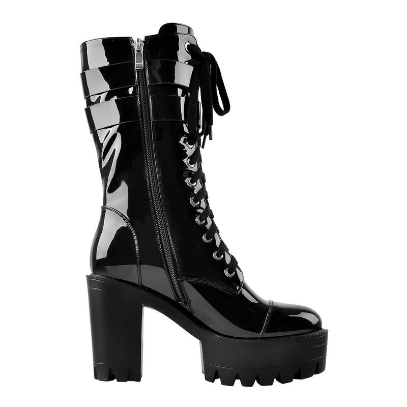 Black Platform Mid Calf Chunky High Heels Boots
