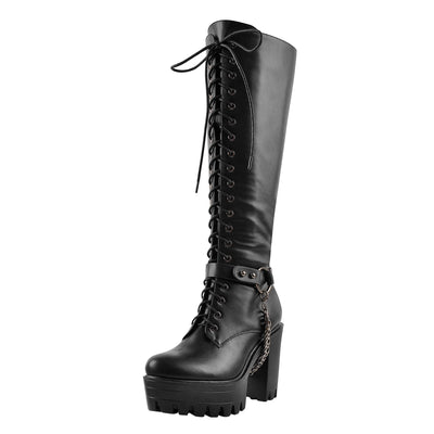 Black Platform Knee Chunky High Heels Boots