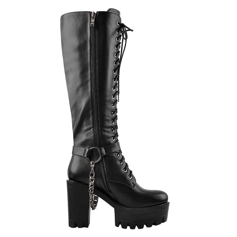 Black Platform Knee Chunky High Heels Boots