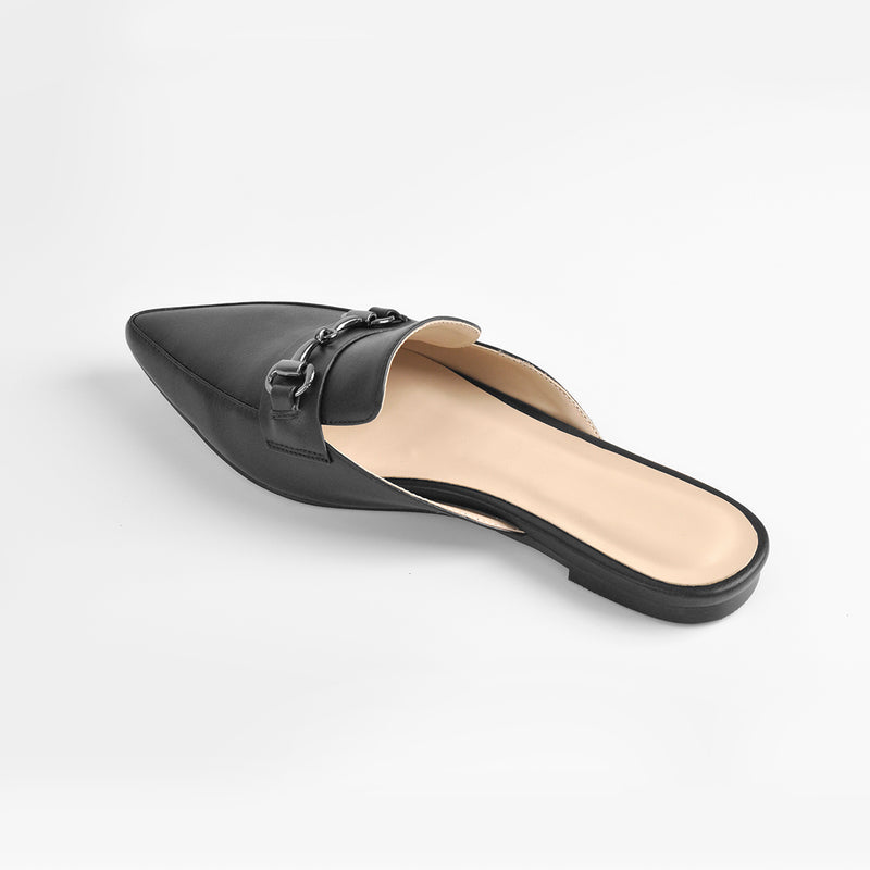 Pointed Toe Black Buckle Flats