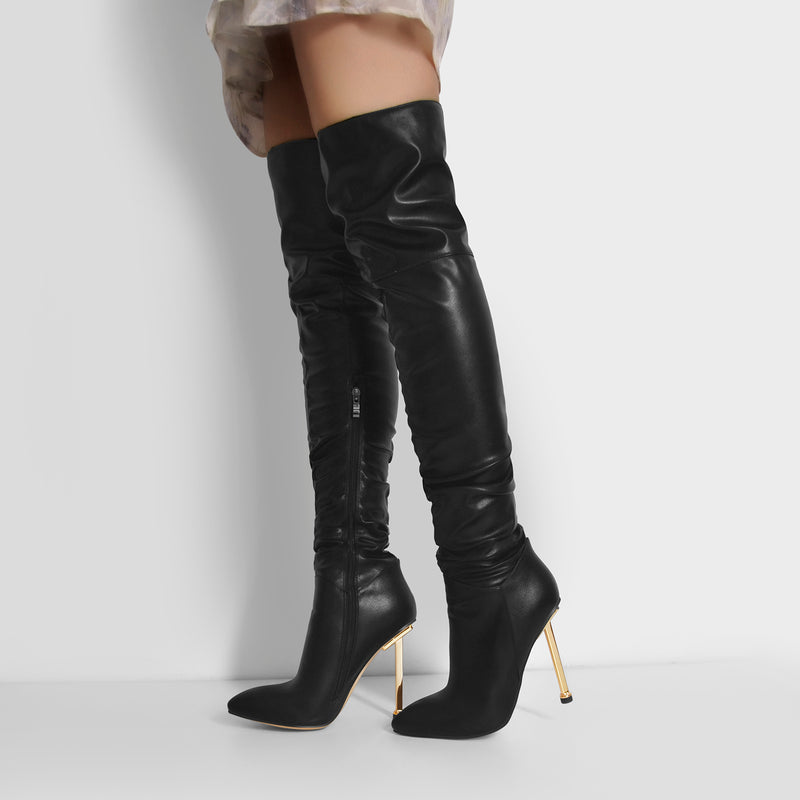 Pointed Toe Matte Black Knee High Metal Heels Stiletto Boots