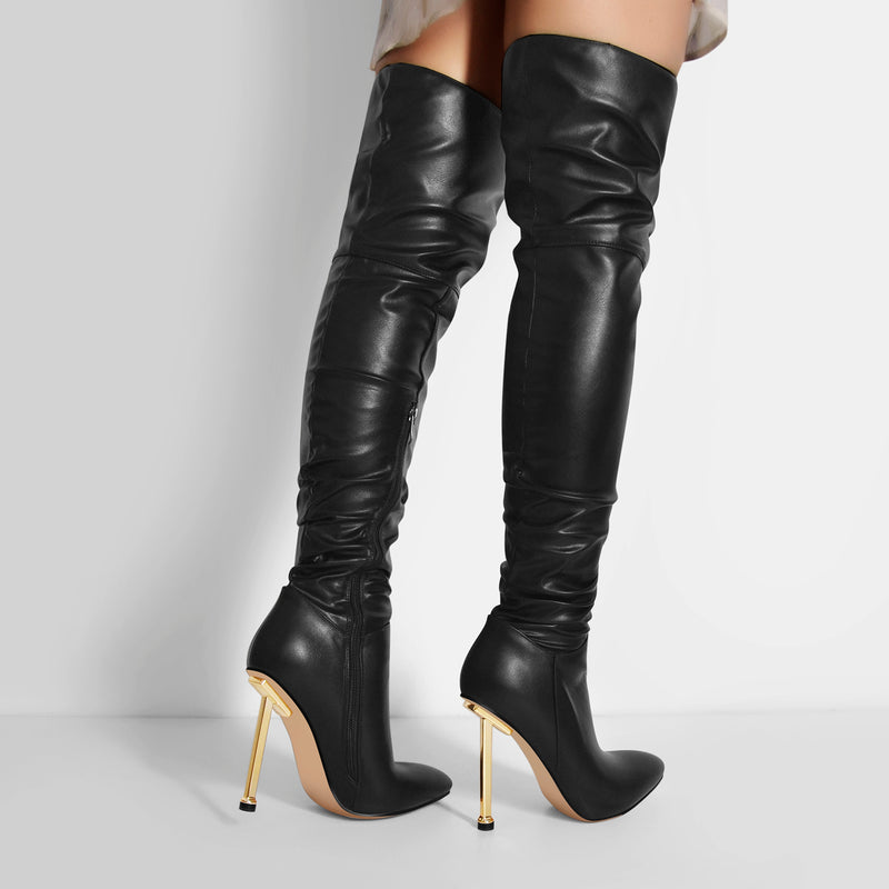 Pointed Toe Matte Black Knee High Metal Heels Stiletto Boots