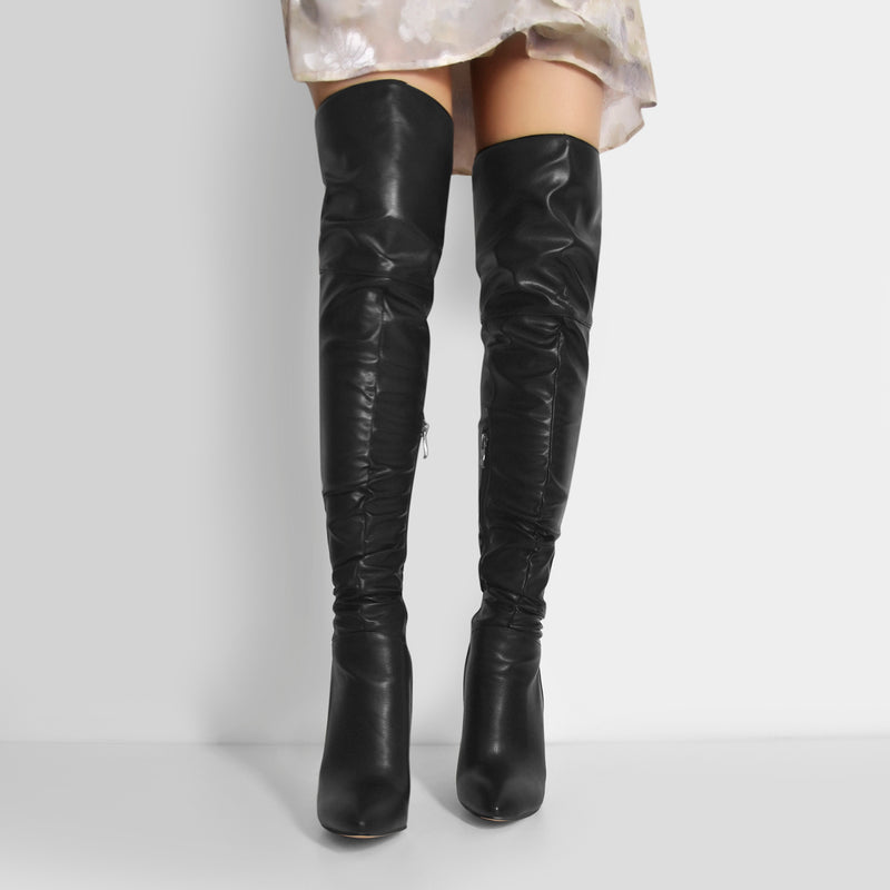 Pointed Toe Matte Black Knee High Metal Heels Stiletto Boots