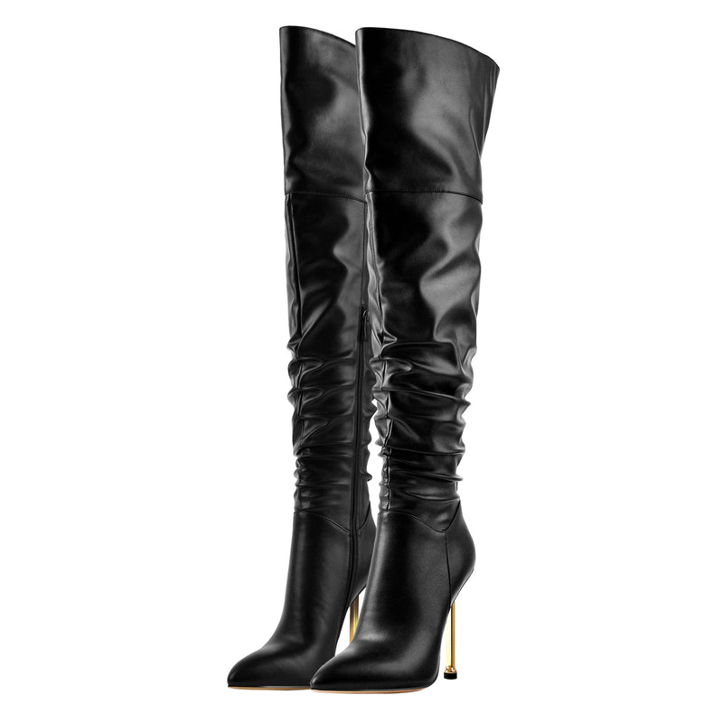 Pointed Toe Matte Black Knee High Metal Heels Stiletto Boots