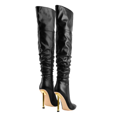 Pointed Toe Matte Black Knee High Metal Heels Stiletto Boots