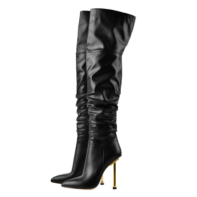 Pointed Toe Matte Black Knee High Metal Heels Stiletto Boots