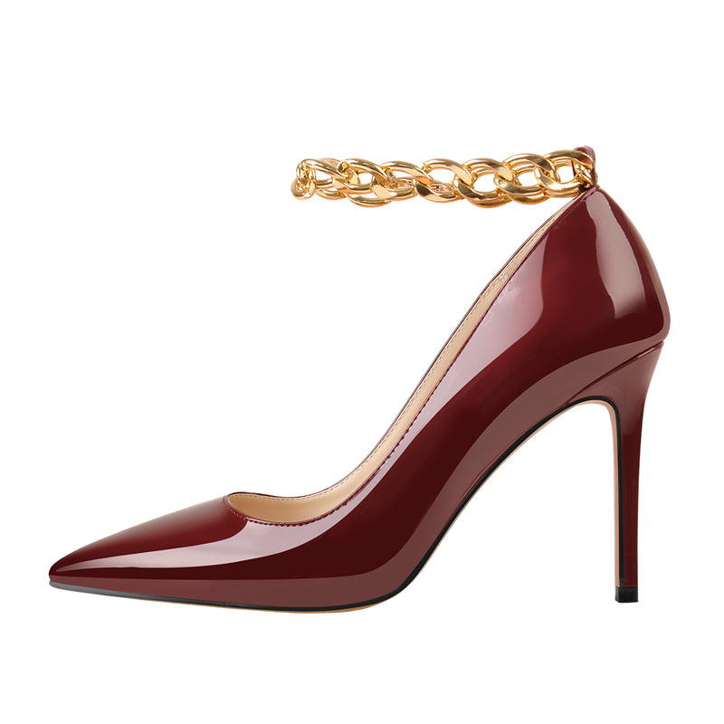 Patent Leather Ankle Chains Pointed Toe Pumps