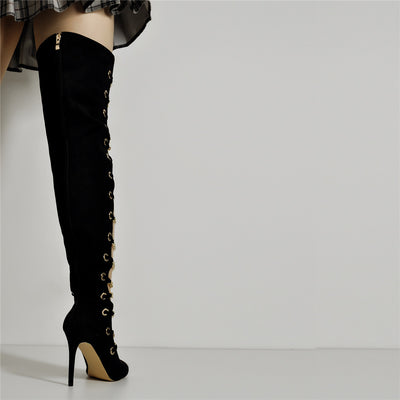 Metal Chain Pointed Toe Over The Knee High Boots