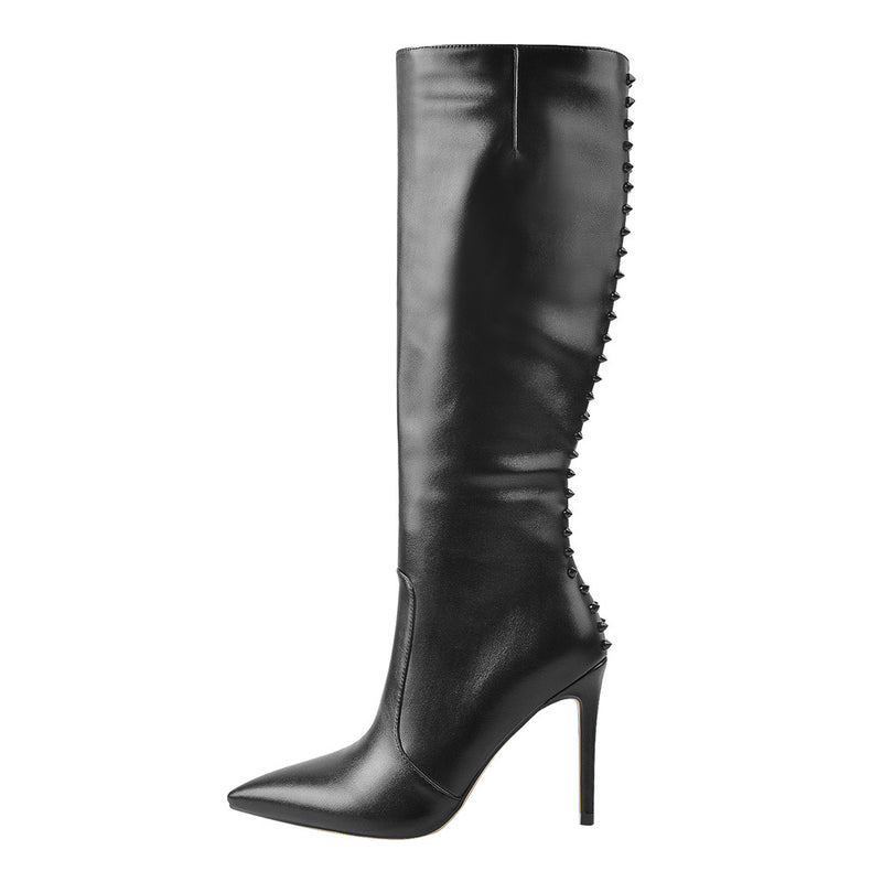 Rivet Pointed Toe Stiletto Knee High Boots