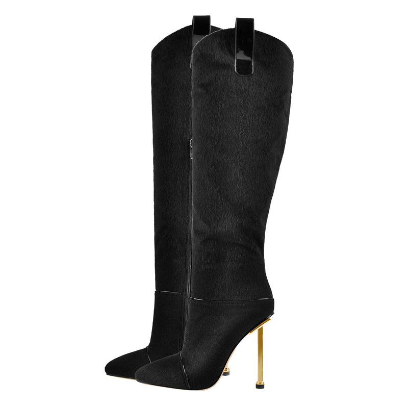 Suede Fur Pointed Toe Stiletto Knee High Boots