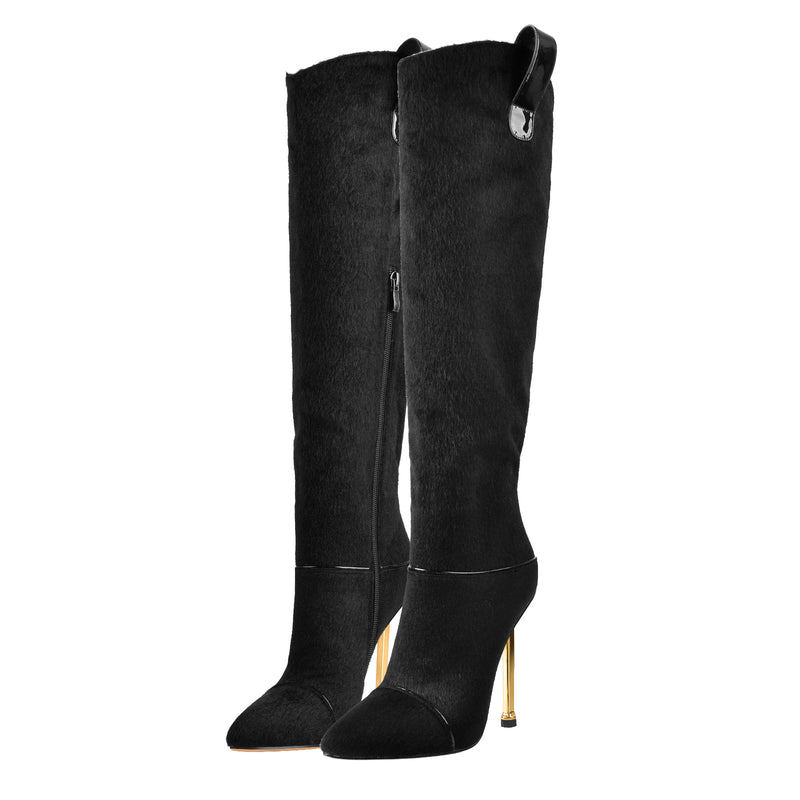 Suede Fur Pointed Toe Stiletto Knee High Boots