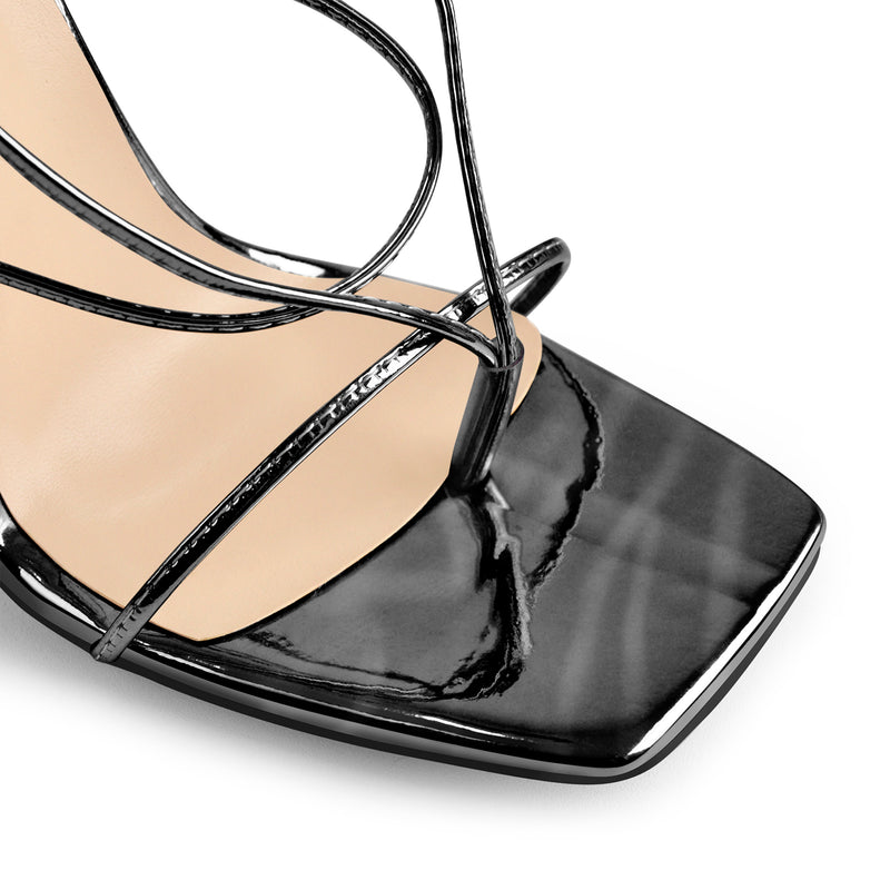 Black Square Toe Strap High Heel Stiletto Sandals