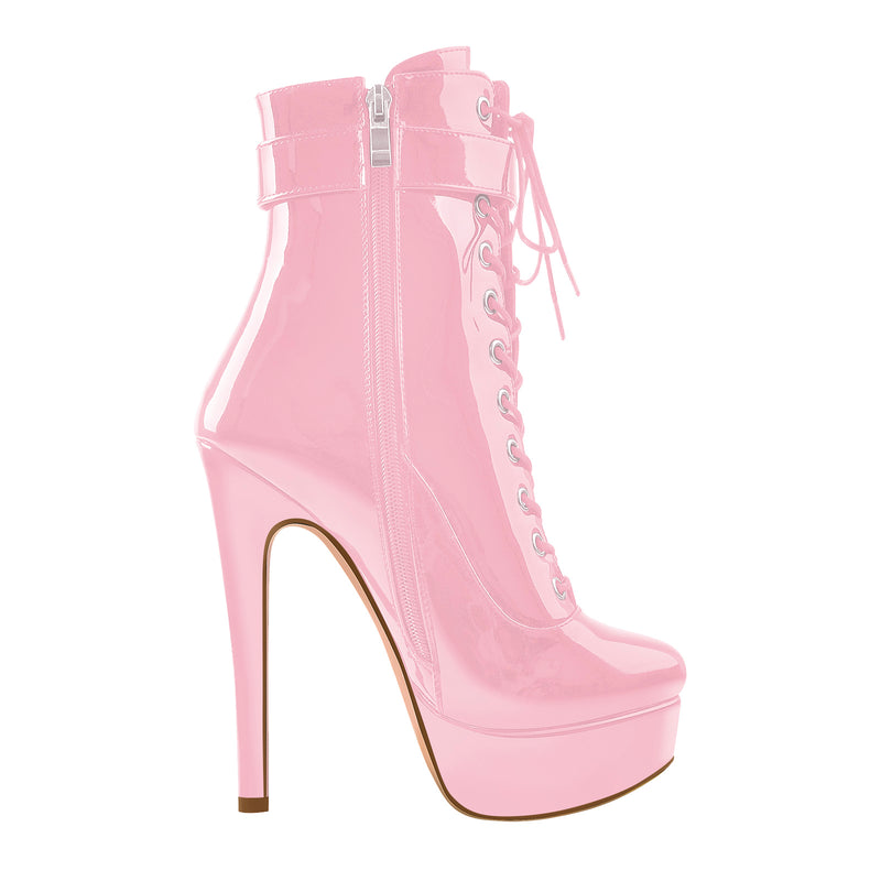 Pink Platform High Heel Lace up Ankle Boots
