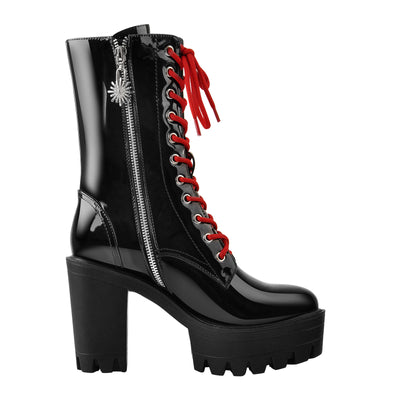 Patent Black Platform Red Lace Chunky Heel Ankle Boots