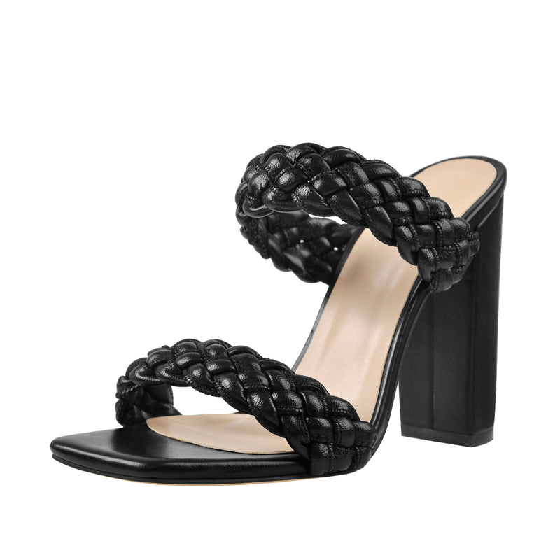 Black Open Toe Chunky High Heel Mules Sandals