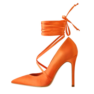 Orange Satin Strap High Heels Stiletto Pumps