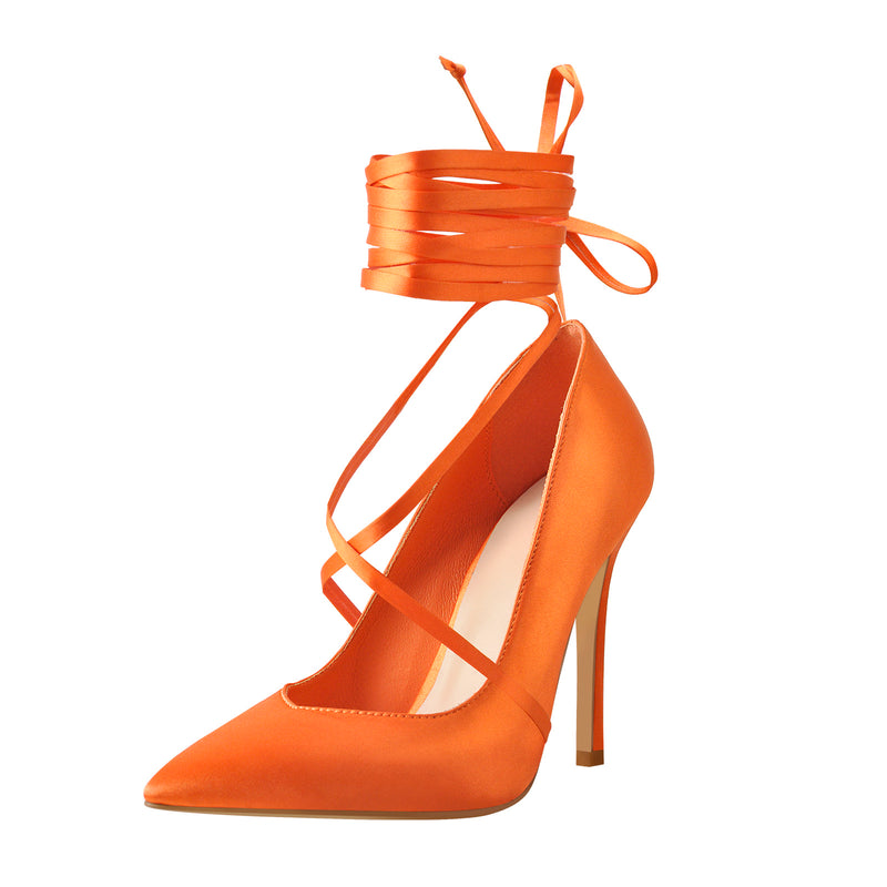 Orange Satin Strap High Heels Stiletto Pumps