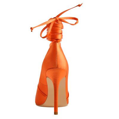 Orange Satin Strap High Heels Stiletto Pumps