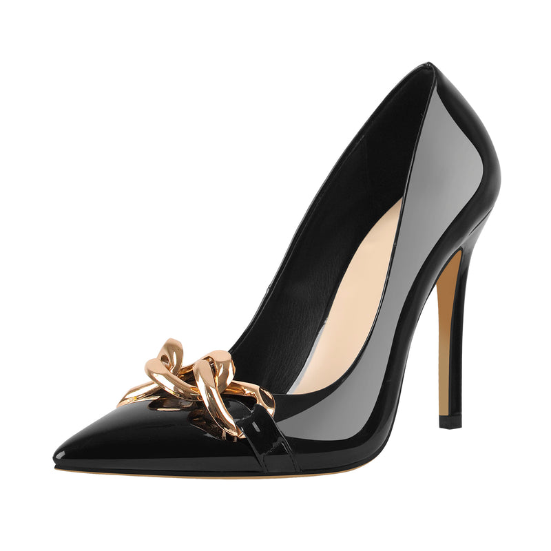 Black Metal Chain Pointed Toe Patent High Heels Stiletto Pumps