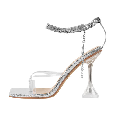 Silver Square Toe Metal Chain Tapered Slipper High Heel Sandals