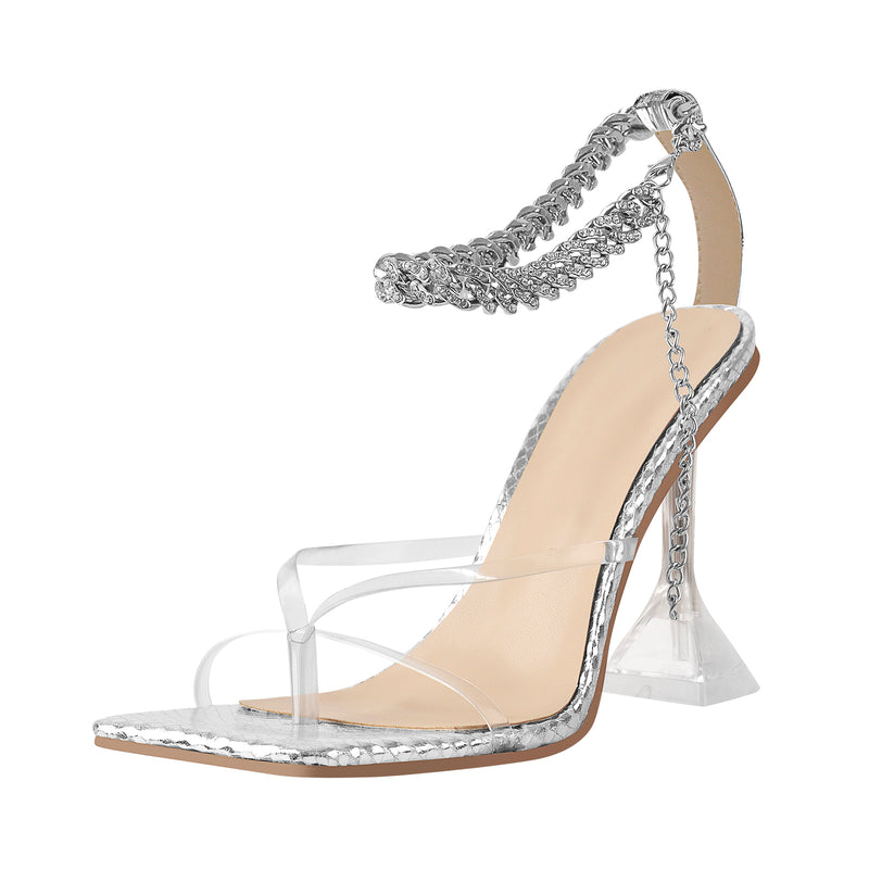 Silver Square Toe Metal Chain Tapered Slipper High Heel Sandals
