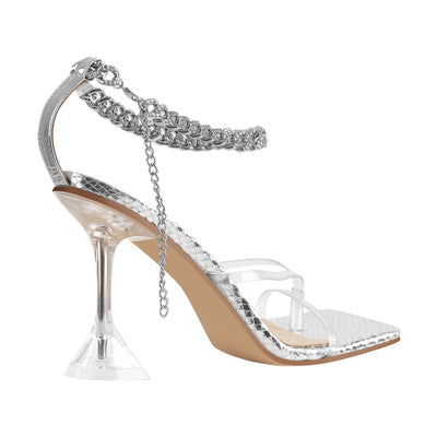 Silver Square Toe Metal Chain Tapered Slipper High Heel Sandals