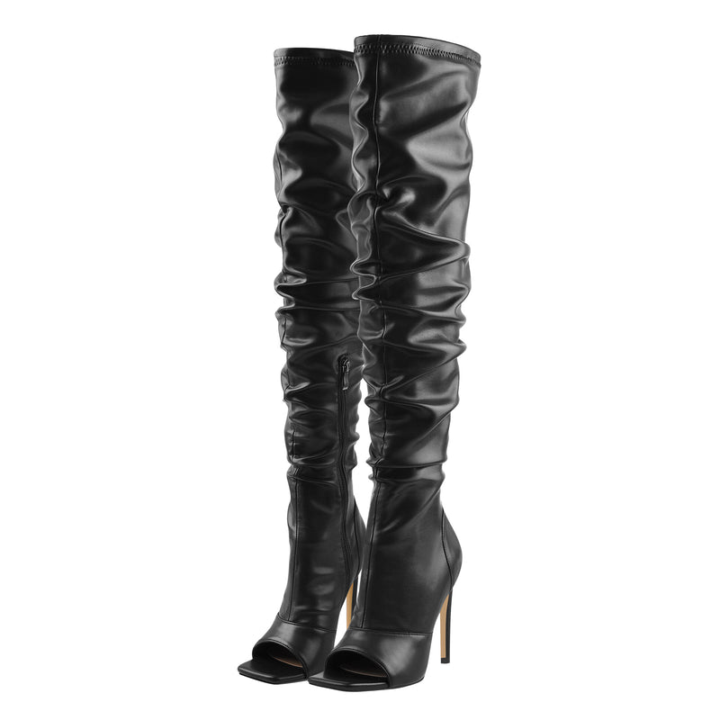 Black Open Square Toe Knee High Stiletto Zipper Boots – Onlymaker