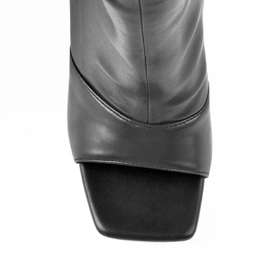 Black Open Square Toe Knee High Stiletto Zipper Boots