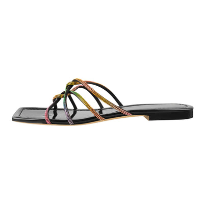 Square Toe Colorful Strap Flat Sandals Mules