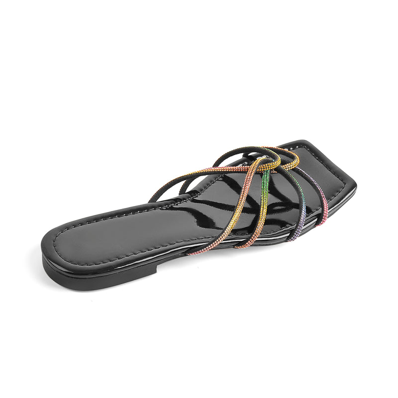 Square Toe Colorful Strap Flat Sandals Mules