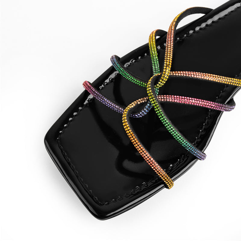 Square Toe Colorful Strap Flat Sandals Mules