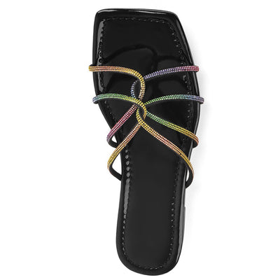 Square Toe Colorful Strap Flat Sandals Mules