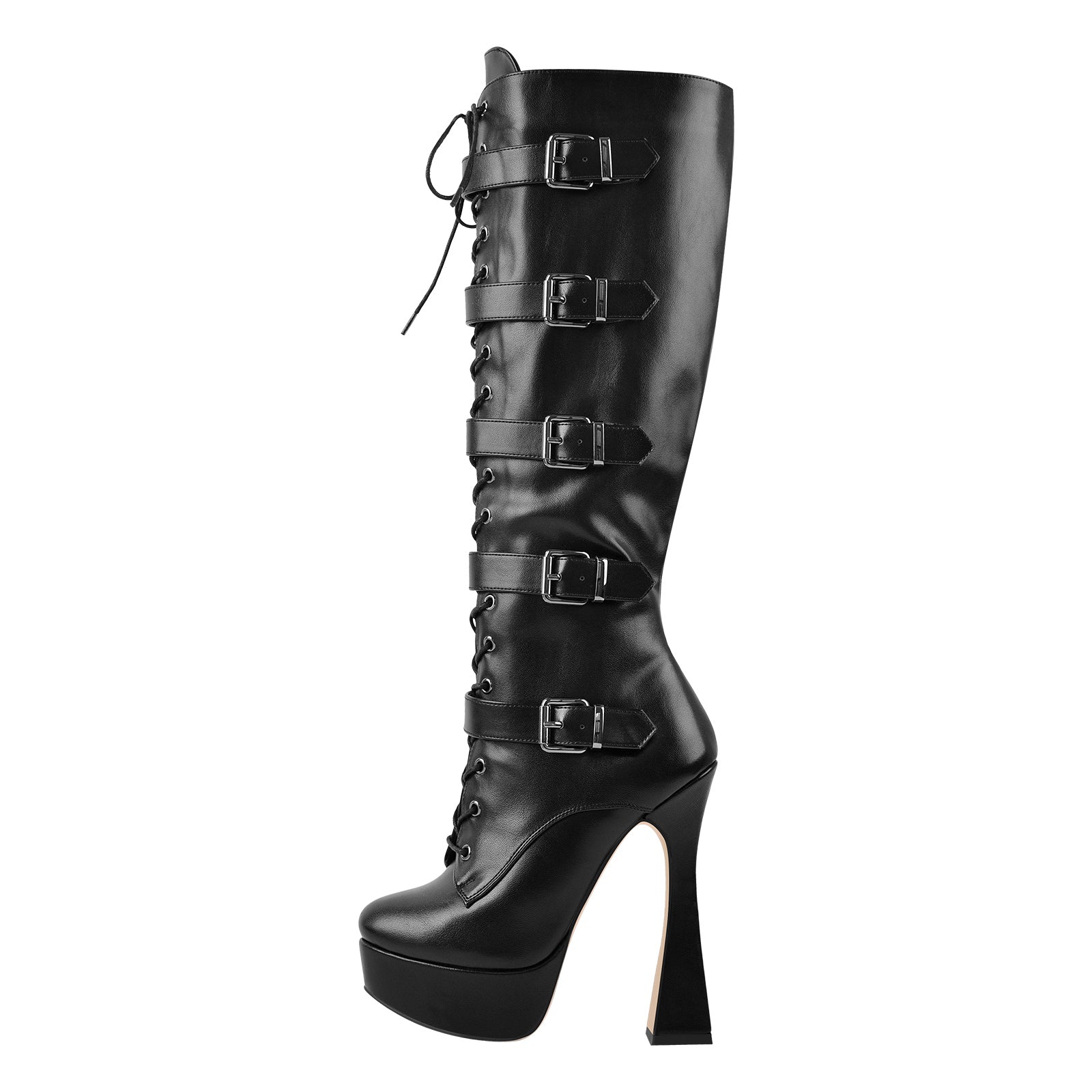 Black Round Toe Platform Belt Lace Zipper High Heel Boots – Onlymaker
