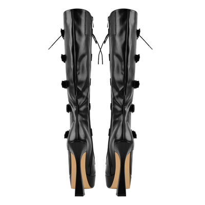 Black Round Toe Platform Belt Lace Zipper High Heel Boots