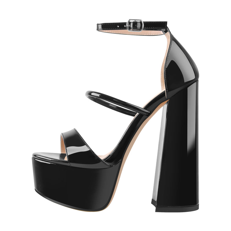 Open Toe Black Band Platform Chunky High Heels Sandals