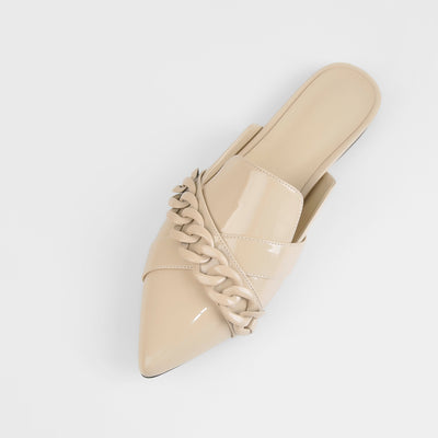 Beige Pointed Toe Chain Mule Shoes