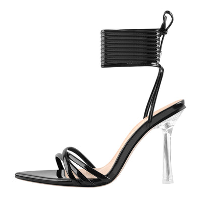Pointed Toe Strap Lace Up Clear Heel Sandals