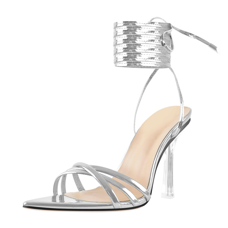 Pointed Toe Strap Lace Up Clear Heel Sandals