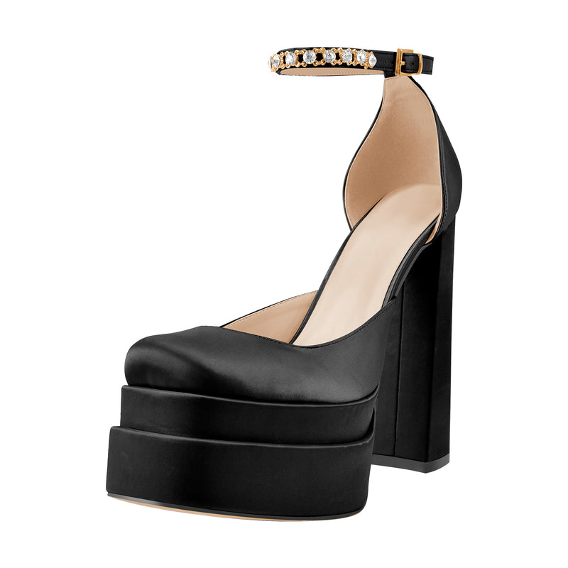 Black Rose Yellow Silk-like Rhinestone Platform Chunky High Heels Pumps