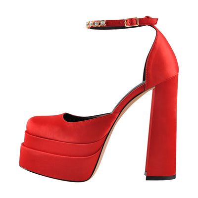 Red Rhinestone Double Platform Ankle Rhinestone Strap Chunky Heel Pumps