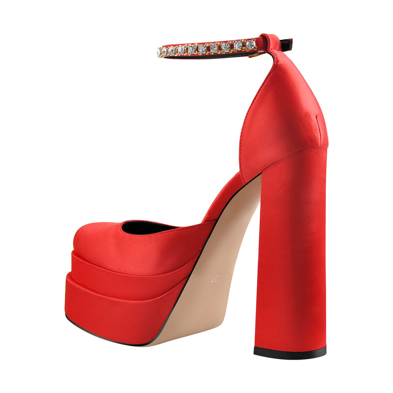 Red Rhinestone Double Platform Ankle Rhinestone Strap Chunky Heel Pumps