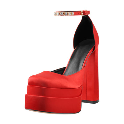 Red Rhinestone Double Platform Ankle Rhinestone Strap Chunky Heel Pumps