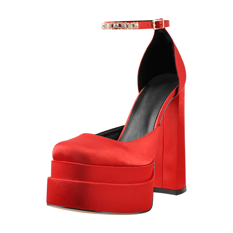 Red Rhinestone Double Platform Ankle Rhinestone Strap Chunky Heel Pumps