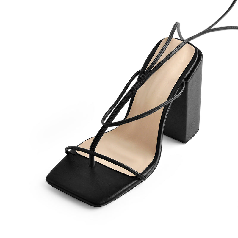 Black Ankle Strap Square Toe Chunky Heels Sandals